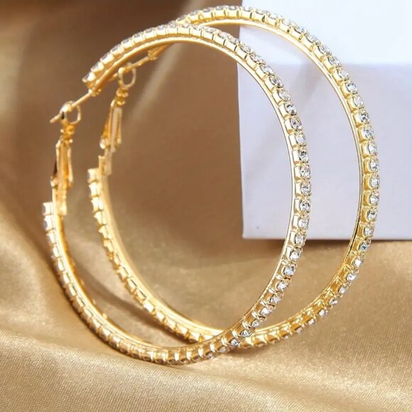 Exaggerated Hollow Round Shaped Hoop Earrings Full Of Shiny Rhinestones Alloy - Picture 3 of 4